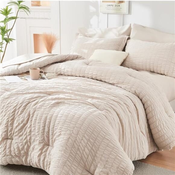Beige King Size Comforter Set Seersucker 7 Pieces, All Season Luxury - Picture 1 of 7